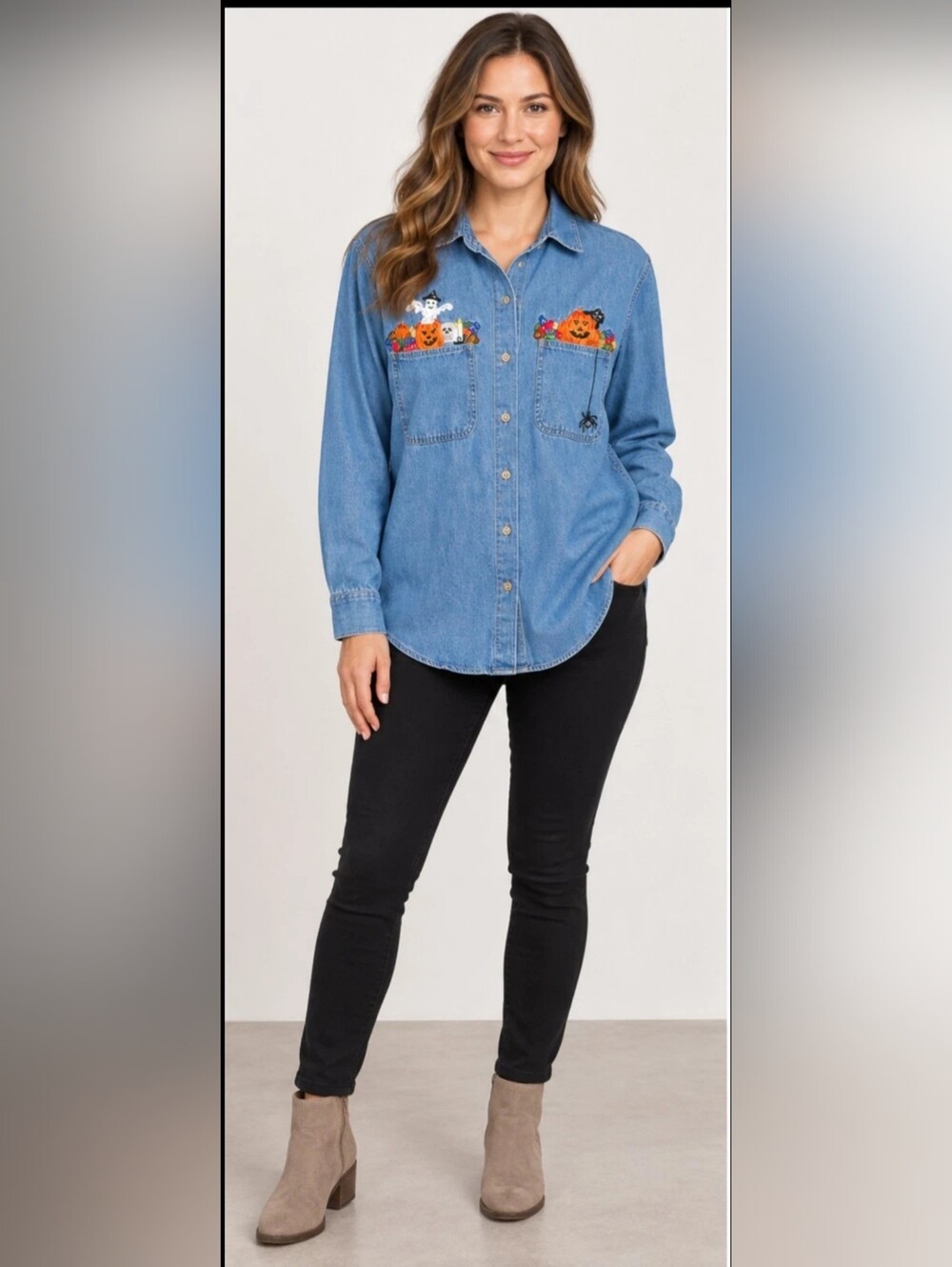 Solutions Casualwear Shirt Unisex Blue Denim Cotton Ghost Halloween Embroidered